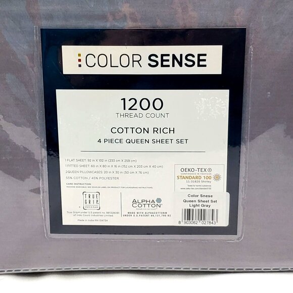 Color Sense 1200 Thread Count Cotton Rich 4-Piece Queen Sheet Set Light Gray - Picture 3 of 8